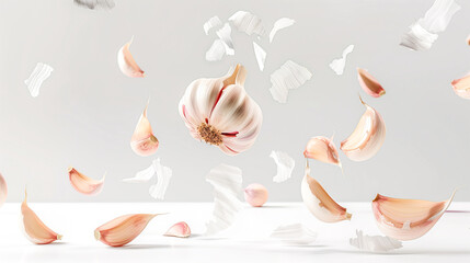 Sticker - Floating garlic clove in air, pieces, with whole garlic bulb on white background