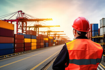 Wall Mural - Engineer Overseeing Logistics Operations at Sunset