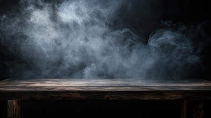 Wall Mural - Dark background with an empty wooden table and floating smoke, providing copy space for text. Ideal for a dramatic scene.