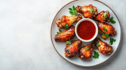 Wall Mural - Delicious Buffalo chicken wings on a plate with sauce, over white stone background. Copy space included. Top view, flat lay.