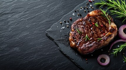 Wall Mural - Grilled ribeye beef steak with rosemary and marinated onion on a black stone table, with ample copy space for text. Perfect for gourmet food themes.