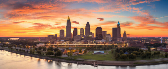 Sticker - Stunning Sunset Over Vibrant City Skyline Panorama