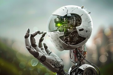 Futuristic robot with green eyes in natural setting highlights AI integration in ecology.