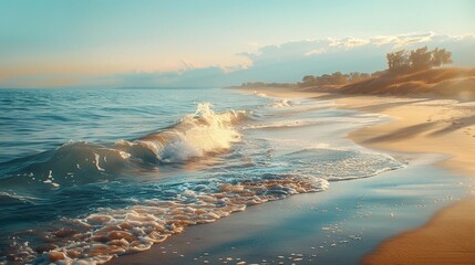 Wall Mural - Golden Hour Seascape: Tranquil scene of a sun-kissed beach with gentle waves lapping at the shore, capturing the serene beauty of a golden hour sunset. 