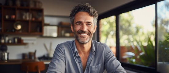 Smiling man with grey hair sitting in a kitchen