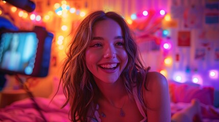 teen girl creating content in a colorful room