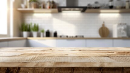 Wall Mural - Clean and bright blurred modern kitchen interior with a beautiful empty wooden table for product display