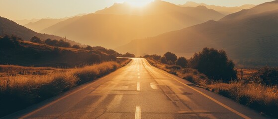 Canvas Print - Sunrise on Open Road with Mountain Backdrop