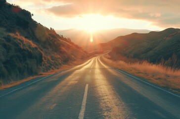 Poster - Serene Sunset on a Secluded Highway Journey