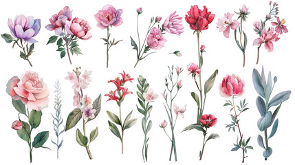 Wall Mural - Various floral collection of nature blooming flower  illustration for card design, isolated on transparent background.