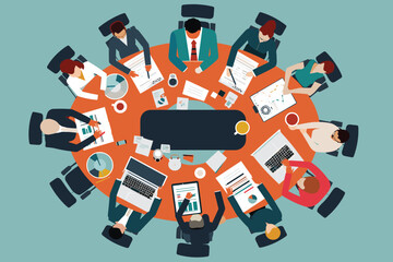 set business flat vector illustration design style concept. for graphic and web page banners. cartoon character design. team online video conference meeting. business planning. data analytics