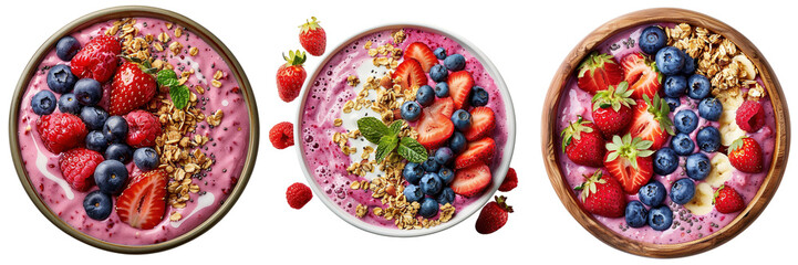 Set of A vibrant berry smoothie bowl topped with fresh strawberries, blueberries, and a sprinkle of granola, isolated on a transparent background