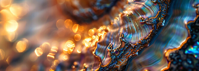 Poster - colorful iridescent abalone shell texture, macro photography in the style of nature.