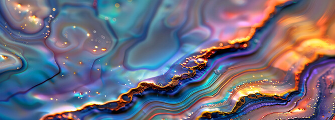 Poster - colorful iridescent abalone shell texture, macro photography in the style of nature.