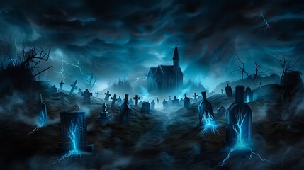 Wall Mural - eerie digital illustration: a haunted graveyard with glowing tombstones and skeletal figures wanderi