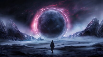Wall Mural - dreamlike digital painting: a mysterious wanderer following a path of glowing orbs through a surreal