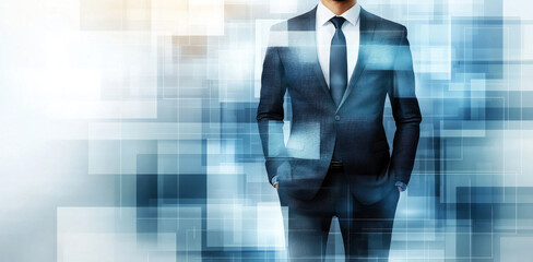 Poster - A man in a suit is standing in front of a blue background. The image is abstract and has a futuristic feel to it