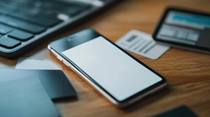 Poster - Smartphone on a Wooden Desk with Blurred Background Objects