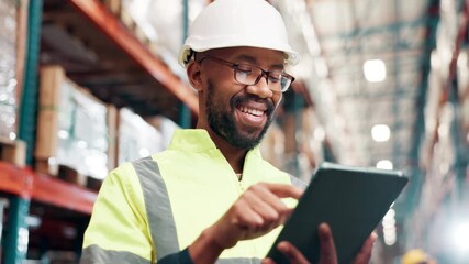 Poster - typing, online and black man with tablet, warehouse and happy with inspection of stock and checklist
