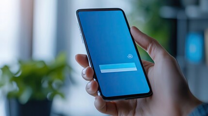Poster - Hand Holding Smartphone with Blue Screen and Loading Indicator