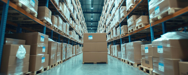 Poster - A warehouse with a pallet of boxes in the middle. The boxes are stacked on top of each other and are all the same size