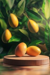 Sticker - Two Yellow Fruits on a Wooden Platform with a Green Foliage Background