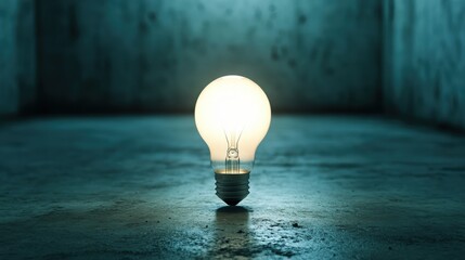 Illuminated Light Bulb on Concrete Floor in Dark Room Symbolizing Creativity and Innovation