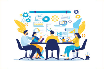 set business flat vector illustration design style concept. for graphic and web page banners. cartoon character design. team online video conference meeting. business planning. data analytics