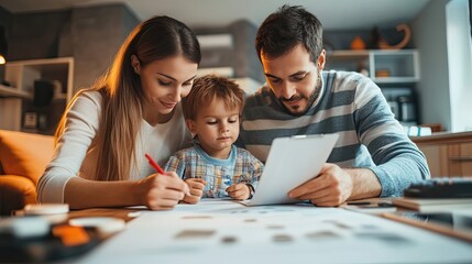 Family reviewing paperwork and documents at a table