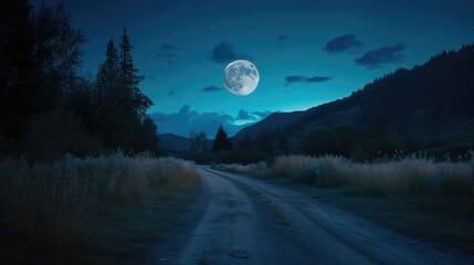 Canvas Print - Moonlit Gravel Road in a Serene Countryside