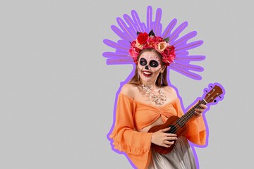 Sticker - Young woman with painted skull on her face playing guitar against grey background. Celebration of Mexico's Day of the Dead (El Dia de Muertos)