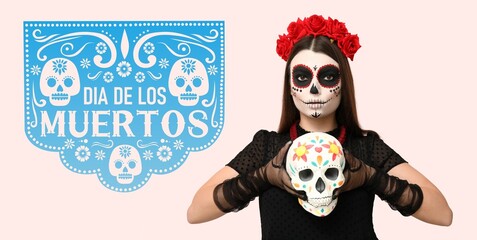 Canvas Print - Young woman with skull and painted face on light background. Banner for Mexico's Day of the Dead (El Dia de Muertos)