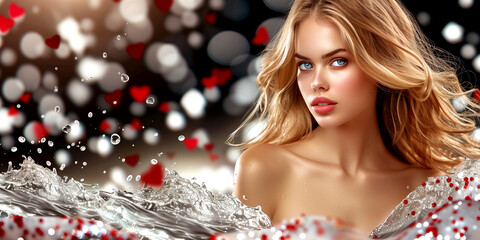 Wall Mural - A woman with long blonde hair is in a bathtub with water splashing around her. The water is red and white, and there are many small red and white hearts scattered throughout the scene