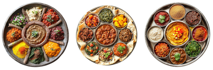 Wall Mural - Set of beautifully arranged platter of Ethiopian injera with a variety of colorful spicy stews isolated on a transparent background