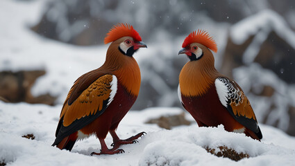 Wall Mural - two birds perched on a snow rock