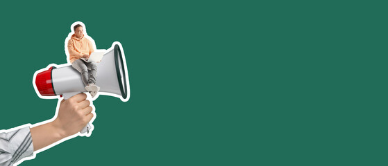 Woman holding megaphone on color background