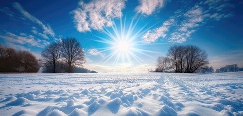 Poster - Sunburst Over Snow-Covered Landscape in Winter