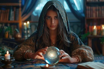 Woman holding crystal ball in front of candles