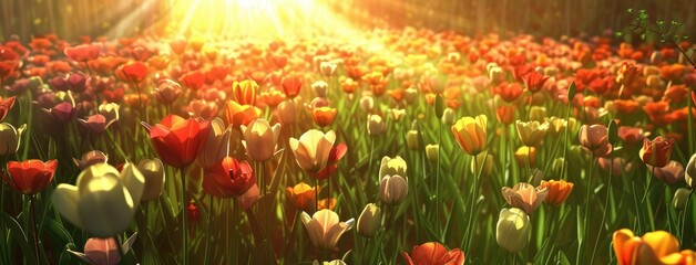 Wall Mural - Sunlight Bathing Lush Tulip Field in Spring