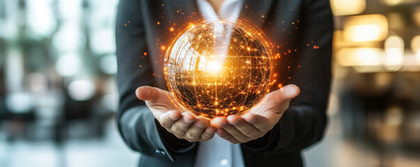 Poster - A woman is holding a glowing sphere in her hand. The sphere is surrounded by a bright orange glow, giving it a futuristic and technological appearance