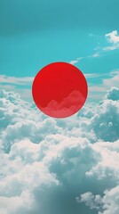 Sticker - A striking red sphere dominates the sky above fluffy white clouds under a clear blue background.


