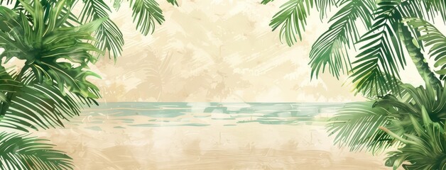 Sticker - Serene Tropical Beach Panorama with Palm Leaves