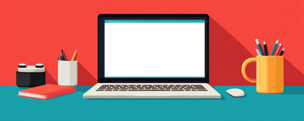 Poster - A laptop is on a desk with a mug and a pen. The laptop screen is blank, and the desk is decorated with a red background. Concept of productivity and focus, as the laptop is ready for use