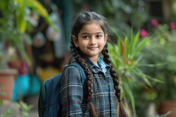 Wall Mural - Indian girl in school uniform with backpack