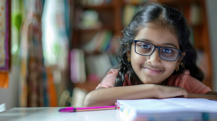 Wall Mural - school girl doing home work