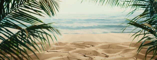 Canvas Print - Tropical Beach View Through Palm Leaves