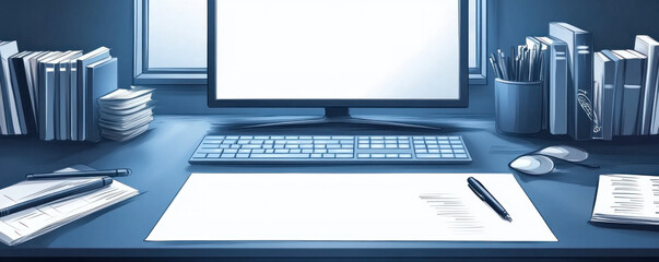 Poster - A computer desk with a monitor, keyboard, and mouse. A white piece of paper with a pen on it. A bookcase with many books