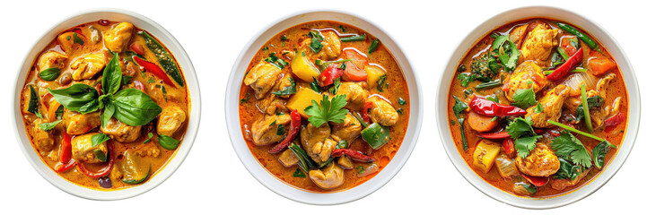 Wall Mural - Set of delicious bowl of chicken curry with vibrant vegetables top view, isolated on a transparent background