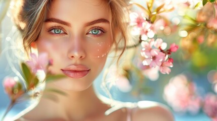 Poster - Portrait of a Young Woman Amidst Blooming Flowers with Sunlight and Natural Beauty