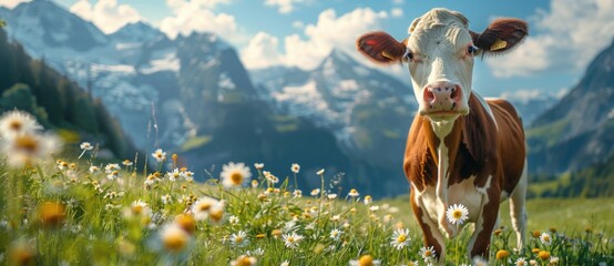 Wall Mural - Brown and white cow standing on lush green field